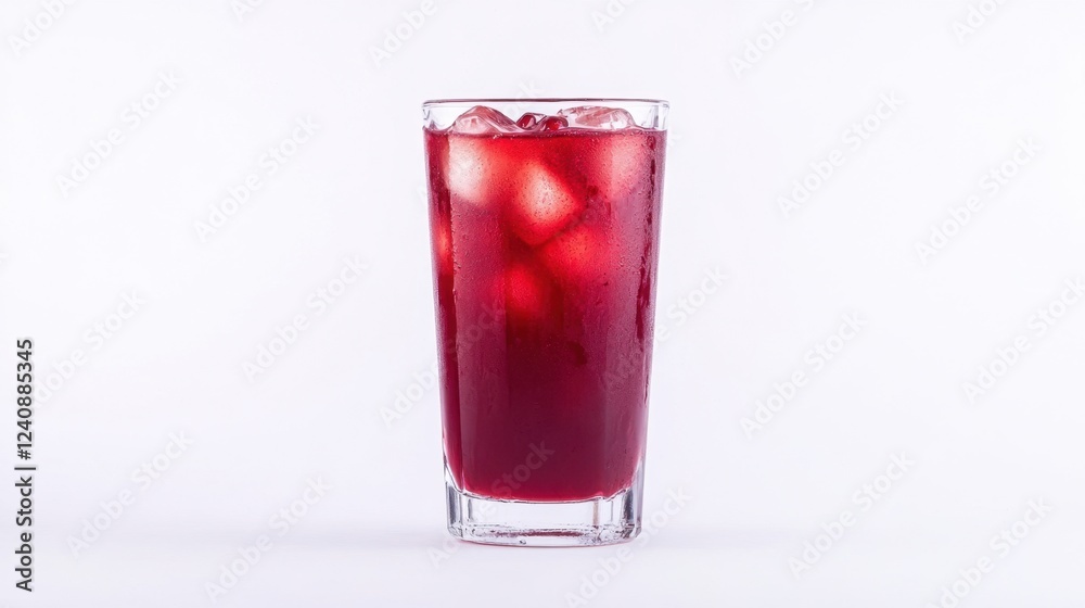 A tall glass filled with a refreshing red drink and ice cubes, set against a clean white background.