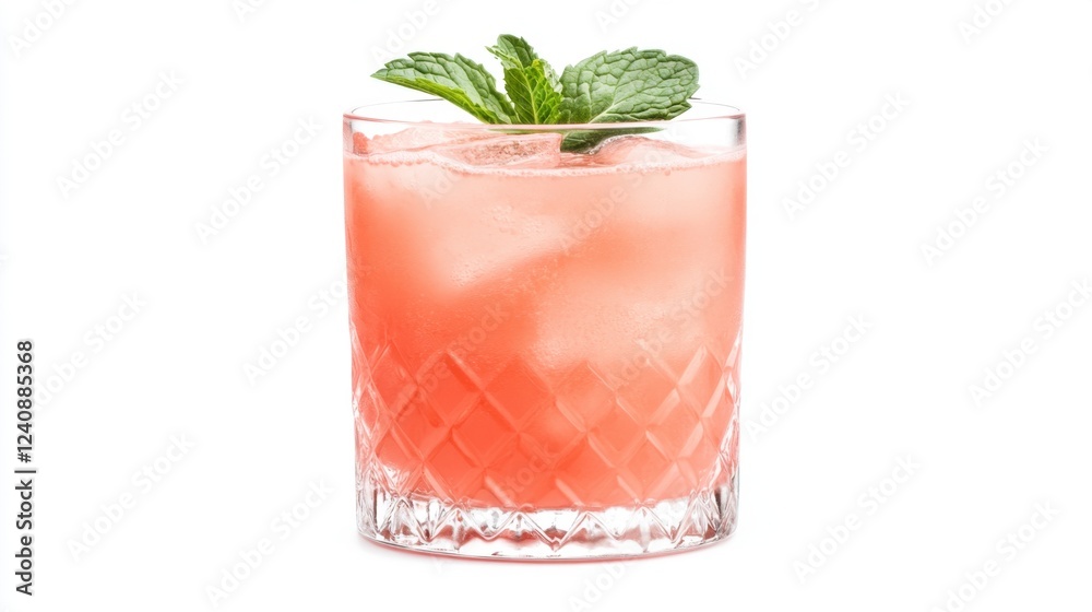 A refreshing cocktail in a glass, garnished with mint leaves, featuring a vibrant pink hue and ice cubes. A refreshing cocktail in a glass, garnished with mint leaves, featuring a vibrant pink hue and ice cubes.