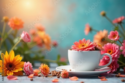 White coffee cup, vibrant flowers, "Rise and Shine", colorful background , floral, photography
