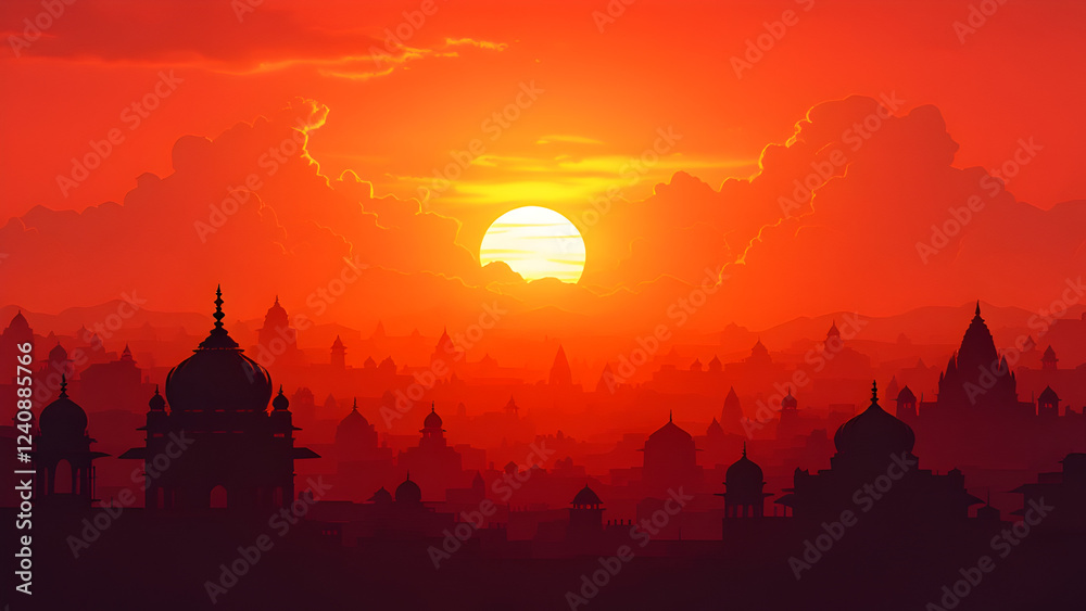 Obraz premium Silhouette of temples during sunset or sunrise orange and red sky background for religious poster, banner, shivratri, mahashivratri, Mahakumbh,2025, kumbh mela.