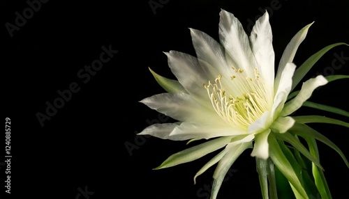 close up of Epiphyllum anguliger flower, black background, copy space