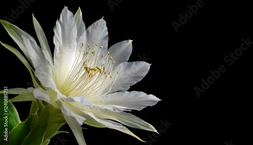 close up of Epiphyllum anguliger flower, black background, copy space