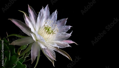 close up of Epiphyllum anguliger flower, black background, copy space