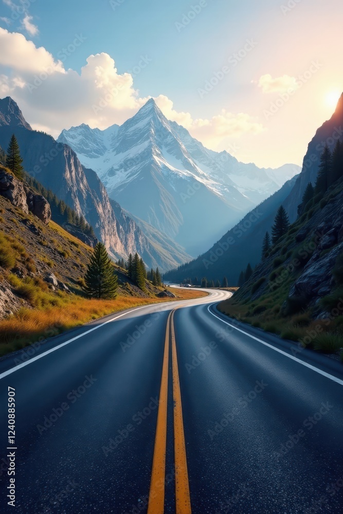 Fototapeta premium Empty asphalt road curves through majestic mountains , rocks, winding road, vista