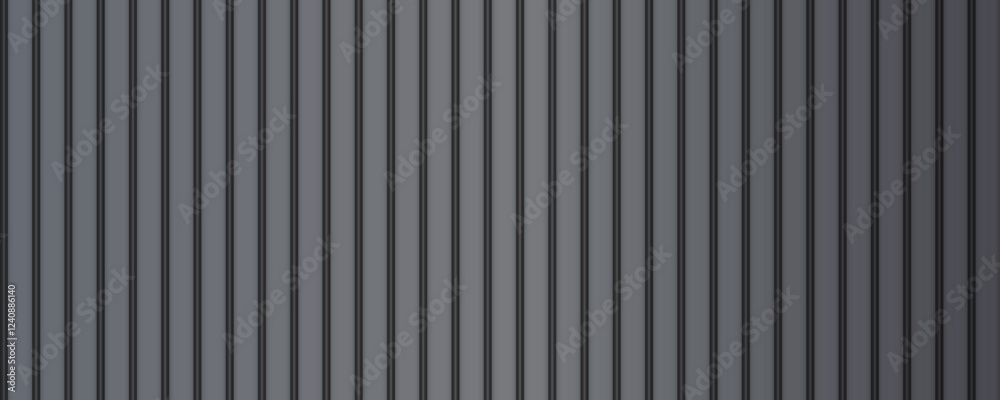 Dark metal striped roof sheetGray corrugated fence background. Black vertical lines plastic siding realistic texture.  Line industrial wall panel
