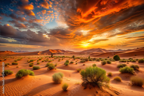 Desert Landscape at Dusk, with Deep Orange Sky