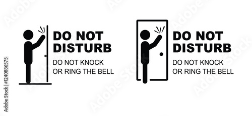 Do not disturb sign. Cartoon do not knock or ring the bell. Knock not on the door or ringing. Private, entering room. No soliciting or no sales. Stop no doorbell or throb.