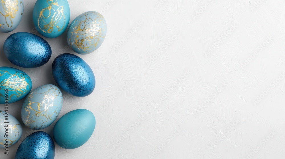 Blue and Gold Easter Eggs on White Background Blue and Gold Easter Eggs on White Background