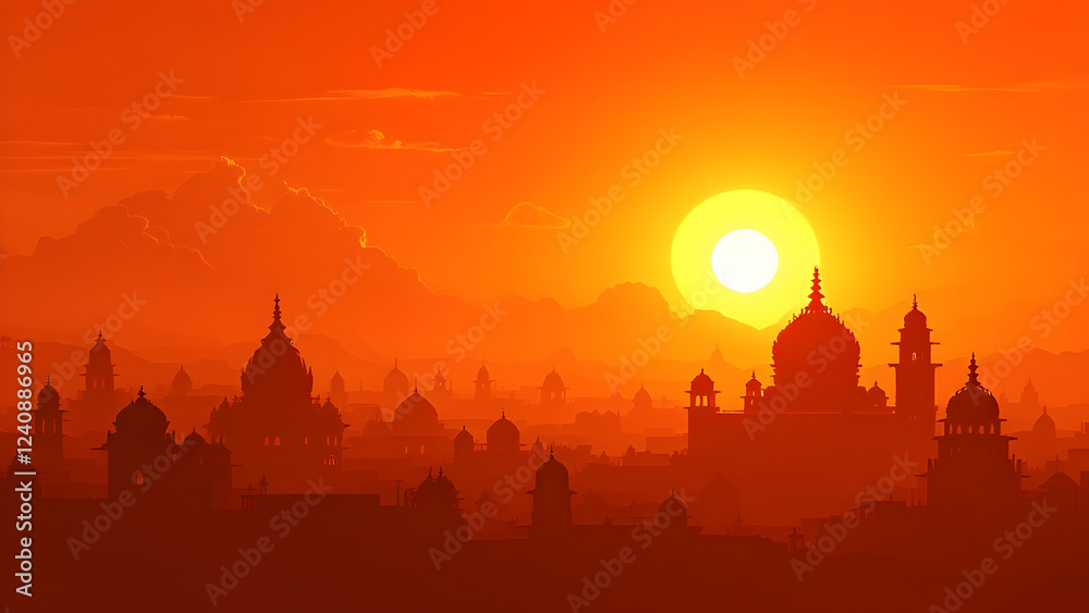 Naklejka premium Silhouette of temples during sunset or sunrise orange and red sky background for religious poster, banner, shivratri, mahashivratri, Mahakumbh,2025, kumbh mela.