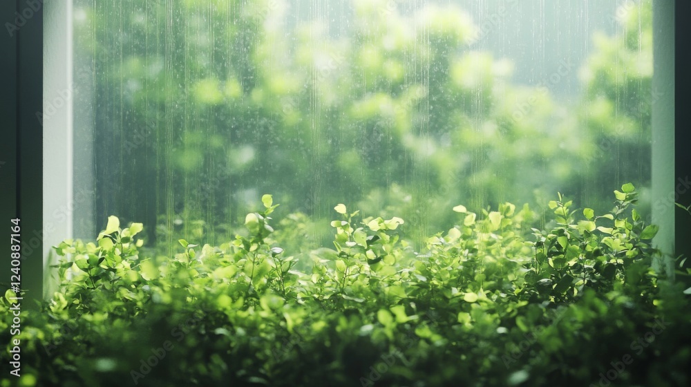Rainy Day View Through Window Lush Greenery Rainy Day View Through Window Lush Greenery