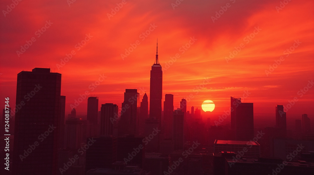Obraz premium Metropolis skyline burning in fiery red dawn sunrise