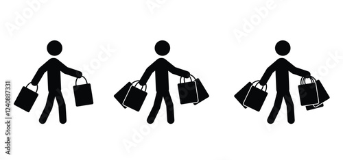 Happy walking people are shopping with handbag. supermarket, shopping bag. Papers, shopping bags or fabric bags. Cartoon paper bags. Consumerism, buy or purchases. Shopping time, big sale. 