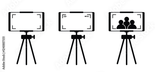 Person looking through lens the photo camera. Photographer take pictures, snapshot with camera. Three legged cameras. Photography shooting logo. For tourism, travel and holiday. Portrait or selfie.