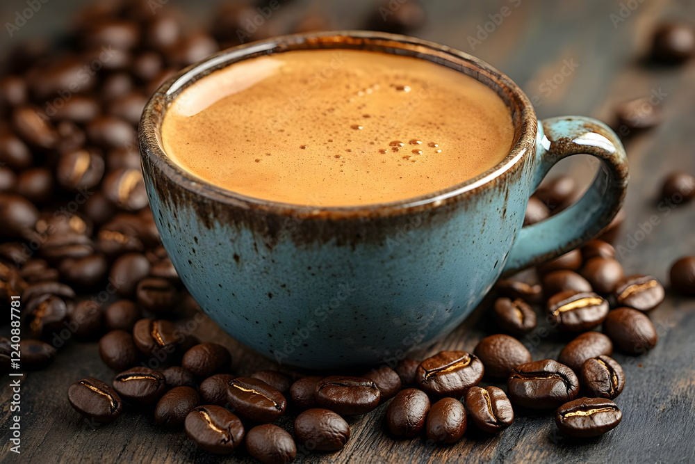 Espresso in a Blue Cup Surrounded by Coffee Beans Espresso in a Blue Cup Surrounded by Coffee Beans