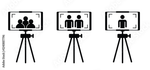 Person looking through lens the photo camera. Photographer take pictures, snapshot with camera. Three legged cameras. Photography shooting logo. For tourism, travel and holiday. Portrait or selfie.