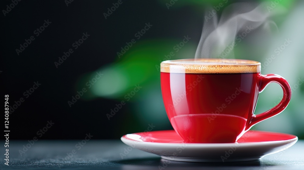 Fototapeta premium Steaming espresso in red cup, dark background, plants