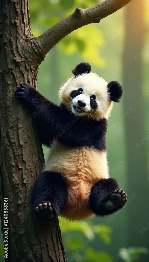 Obraz premium A playful panda playfully hangs from a tree branch , wildlife, endangered