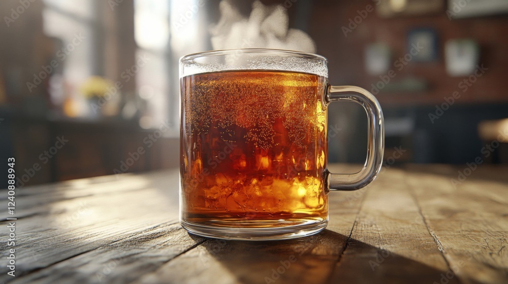 Warm Steaming Brown Tea in a Glass Mug on Wooden Table Warm Steaming Brown Tea in a Glass Mug on Wooden Table