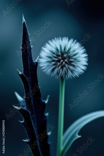 Close-up of a Dandelion Seed Head Beside a Dark Green Plant Leaf