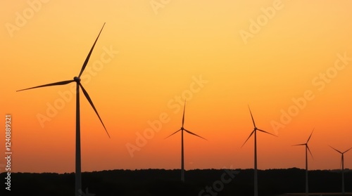 Wind Turbines Silhouetted Against a Vivid Sunset Sky Near a Forested Area