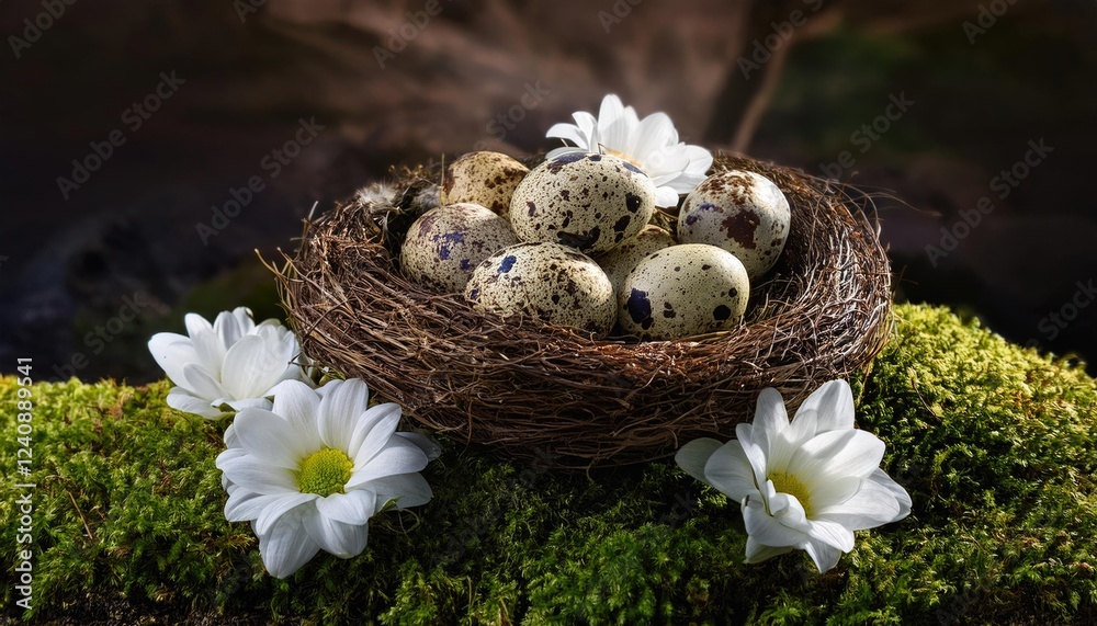 Bird's nest with speckled eggs and white flowers placed on green moss against a dark background Bird's nest with speckled eggs and white flowers placed on green moss against a dark background