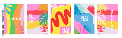 Tropical Concept of summer bright and juicy cards set. Modern abstract art design with tropical leaves. Templates for celebration, ads, branding, banner, cover, label, poster, sales