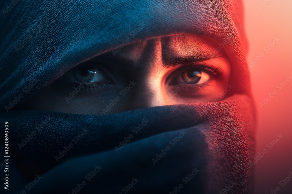 Close-Up Cinematic Portrait Of A Person With Intense Eyes Partially Covered By Dark Fabric, Dramatic Lighting And Mystery Concept Close-Up Cinematic Portrait Of A Person With Intense Eyes Partially Covered By Dark Fabric, Dramatic Lighting And Mystery Concept