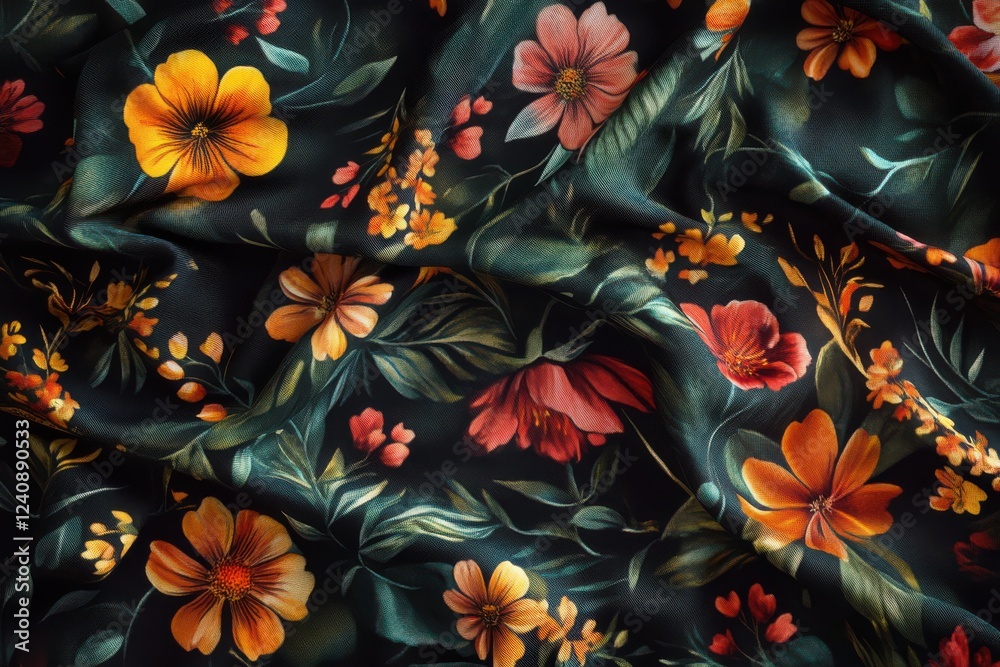 Dark floral fabric with orange and red flowers Dark floral fabric with orange and red flowers