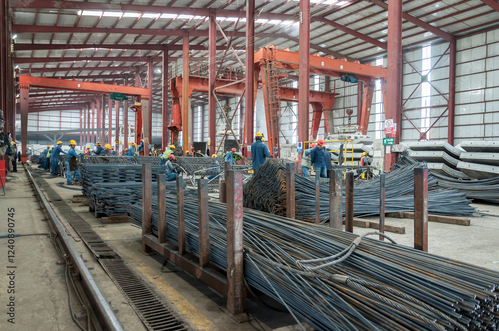 Men working with steel cables in an industrial warehouse Men working with steel cables in an industrial warehouse