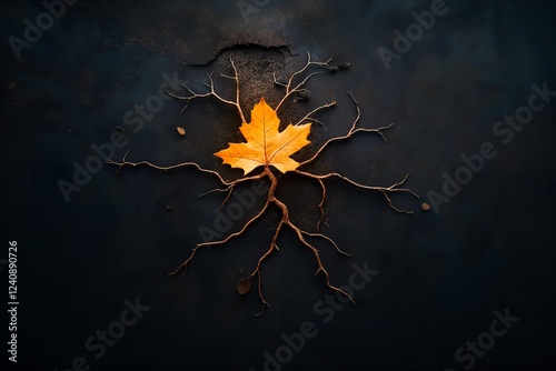 Conceptual Image Of A Single Autumn Leaf With Exposed Roots, Symbolizing Growth, Change, And The Cycle Of Life, Against A Dark Artistic Background