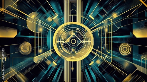 Retro sci-fi technical illustration of a fusion reaction, deuterium and tritium nuclei illustrated in art deco style with gold and electric blue geometric patterns