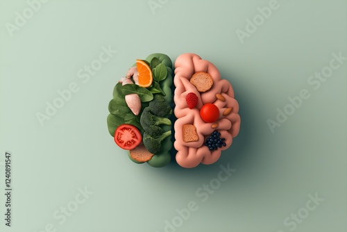 Conceptual Brain Illustration Depicting the Impact of Nutrition on Cognitive Function, Divided Into Healthy Greens and Processed Foods