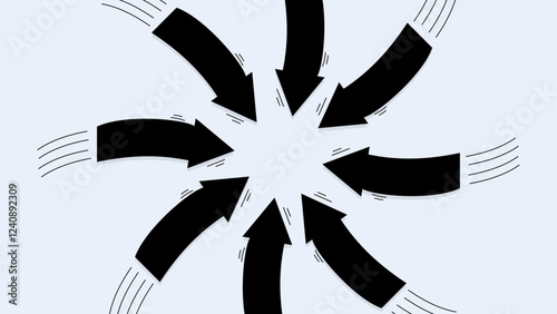 Illustration of multiple black arrows arranged in a circular pattern, all pointing toward the center, on a light blue background