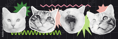 Halftone Collage of funky Cat Faces with Graphic Elements and shapes