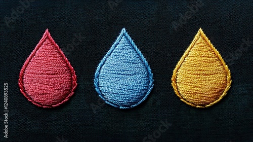 Three Colorful Teardrop Embroidery Designs on Dark Fabric Background