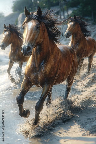 Three Brown Horses Run Freely Along a Sandy Beach photo