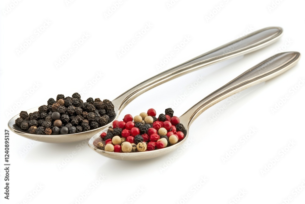 Split Composition of Black and Colorful Pepper Blends on Silver Spoons with Soft Natural Light Isolated Against a White Background for Food Photography Split Composition of Black and Colorful Pepper Blends on Silver Spoons with Soft Natural Light Isolated Against a White Background for Food Photography