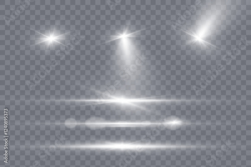 Glowing light effects. Sparkling and shining stars, bright flashes of lights with rays and glare. isolated on transparent background. Vector