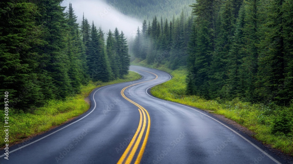 Winding Road Through Misty Green Forest Winding Road Through Misty Green Forest