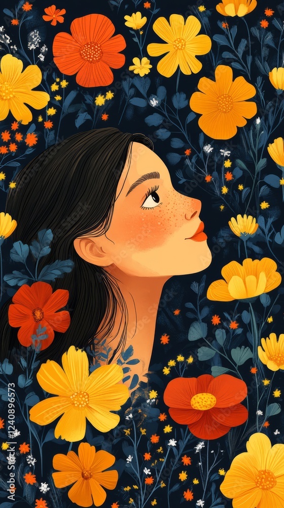 A Woman'S Profile Is Surrounded By Vibrant Flowers, Creating A Serene And Colorful Scene. A Woman'S Profile Is Surrounded By Vibrant Flowers, Creating A Serene And Colorful Scene.
