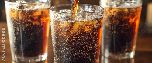 Pouring Dark Brown Carbonated Drink into Three Icy Glasses photo