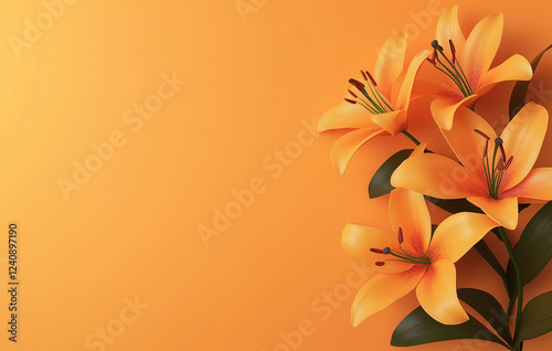 A photo of an orange background with lilies on the right side, symbolizing spring and love. The left half of the screen offers copy space, perfect for a web banner design, evoking a warm, vibrant atmo photo