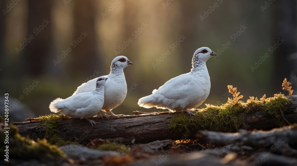 Three white birds perched on a mossy log in a serene forest during golden hour, showcasing nature