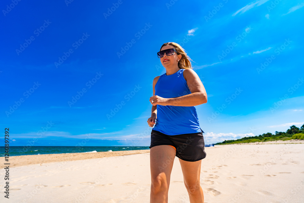 Beautiful middle aged woman training running on sandy beach in summertime. Physical activity on beach. Front view Beautiful middle aged woman training running on sandy beach in summertime. Physical activity on beach. Front view
