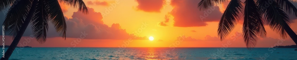 Sunset over turquoise ocean, palm trees silhouette , Seychelles, paradise, palm trees Sunset over turquoise ocean, palm trees silhouette , Seychelles, paradise, palm trees