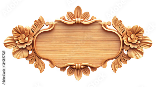 Ornate wooden sign, floral carvings, blank space, background removed, ideal for design isolated on transparent or white background. Generative ai