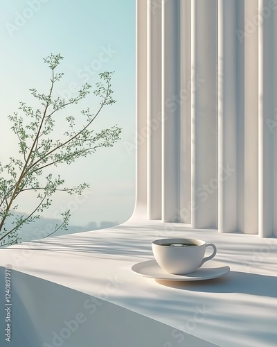 Minimalist Coffee Scene with Plant and Soft Natural Light