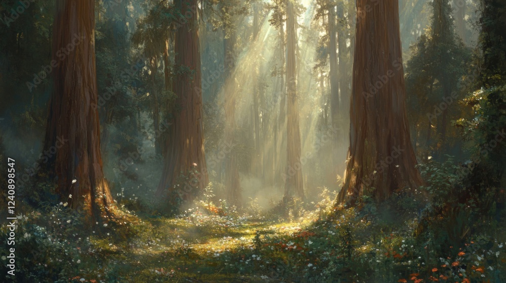 Obraz premium Sunlit Redwood Forest Path