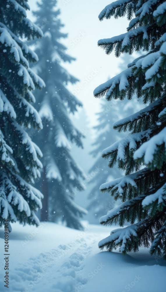 Frosty pine branches sway gently in the snowfall, serene forest, icy atmosphere Frosty pine branches sway gently in the snowfall, serene forest, icy atmosphere