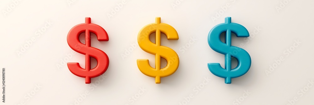 Three colorful dollar signs (red, yellow, and blue) on a light background represent finance, currency, and value in a playful way. Three colorful dollar signs (red, yellow, and blue) on a light background represent finance, currency, and value in a playful way.